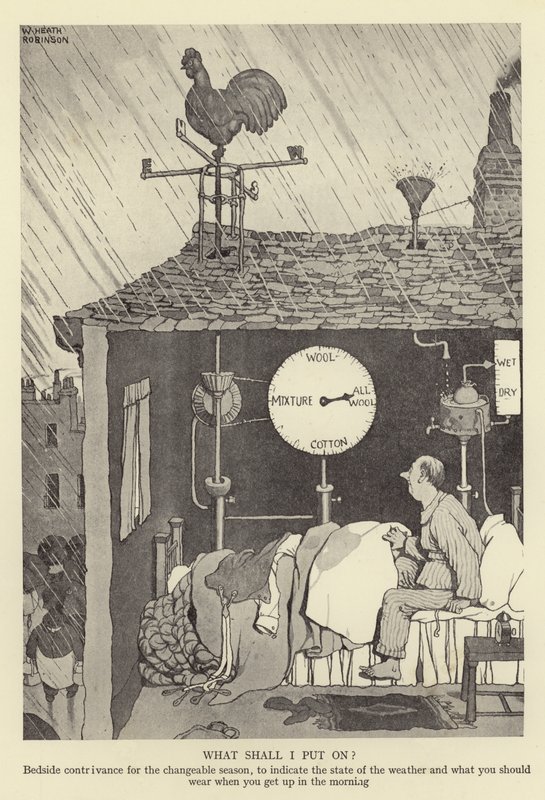 Was soll ich anziehen? Bettseitige Vorrichtung für die wechselhafte Jahreszeit, um den Wetterzustand anzuzeigen und was man morgens anziehen sollte von William Heath Robinson