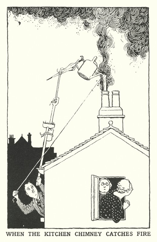 Wenn der Küchenkamin Feuer fängt (Lithografie) von William Heath Robinson