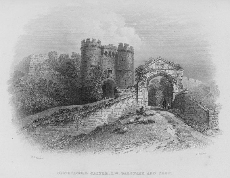 Carisbrooke Schloss, Isle of Wight, Tore und Bergfried (Stich) von William Henry Bartlett