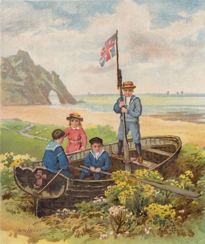 Kinder spielen in einem Boot am Strand von William Henry James (after) Boot