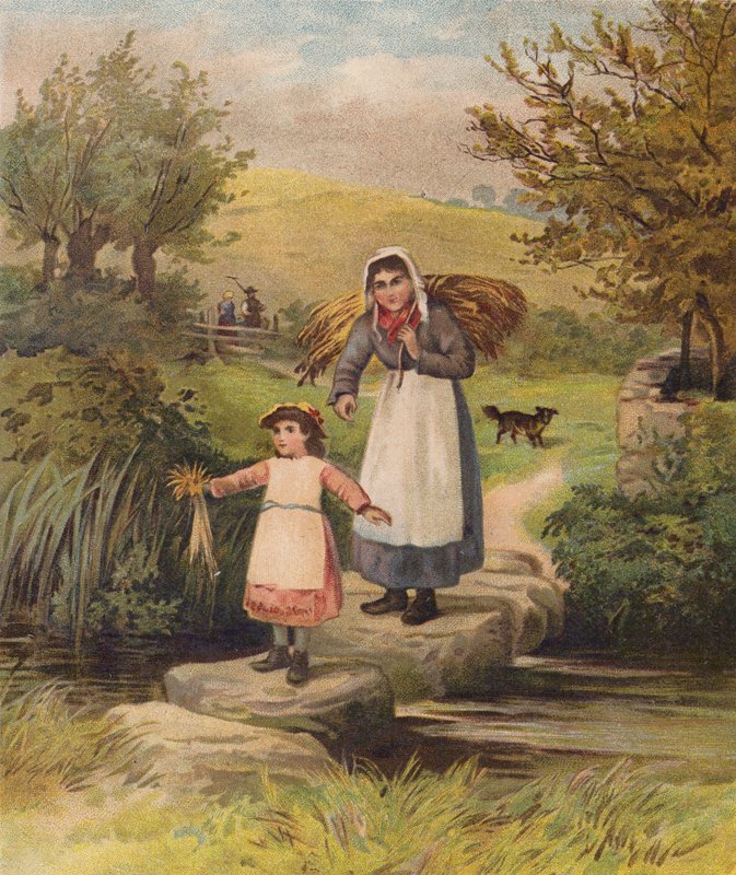 Frau und Mädchen überqueren einen Bach über Trittsteine von William Henry James (after) Boot