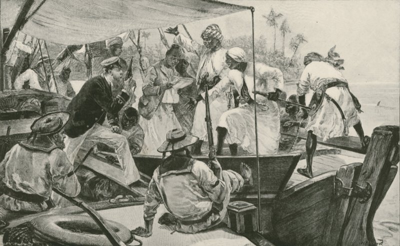 Ein britischer Marineoffizier überprüft eine arabische Sklavendhau (Lithografie) von William Heysham (after) Overend