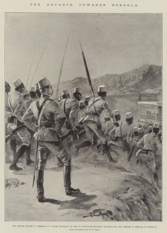 Der Vormarsch nach Dongola, der britische Offizier, der ein Negerbataillon des 11. Sudanesenregiments befehligt, beobachtet seine Männer beim Einschiffen in Shellal am 18. März von William Heysham (after) Overend