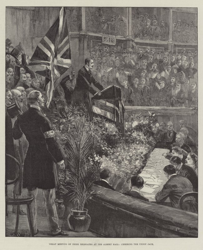 Großes Treffen irischer Delegierter in der Albert Hall, Jubel für den Union Jack von William Heysham Overend