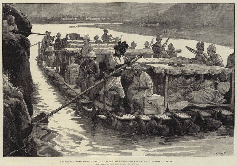 Unsere Truppen verlassen Afghanistan, kranke und verwundete Soldaten treiben den Cabul-Fluss von Jellalabad hinunter von William Heysham Overend