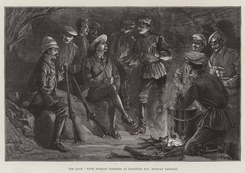 Pot Luck mit russischen Soldaten in der Possiette-Bucht, Russisch-Tartary von William Heysham Overend