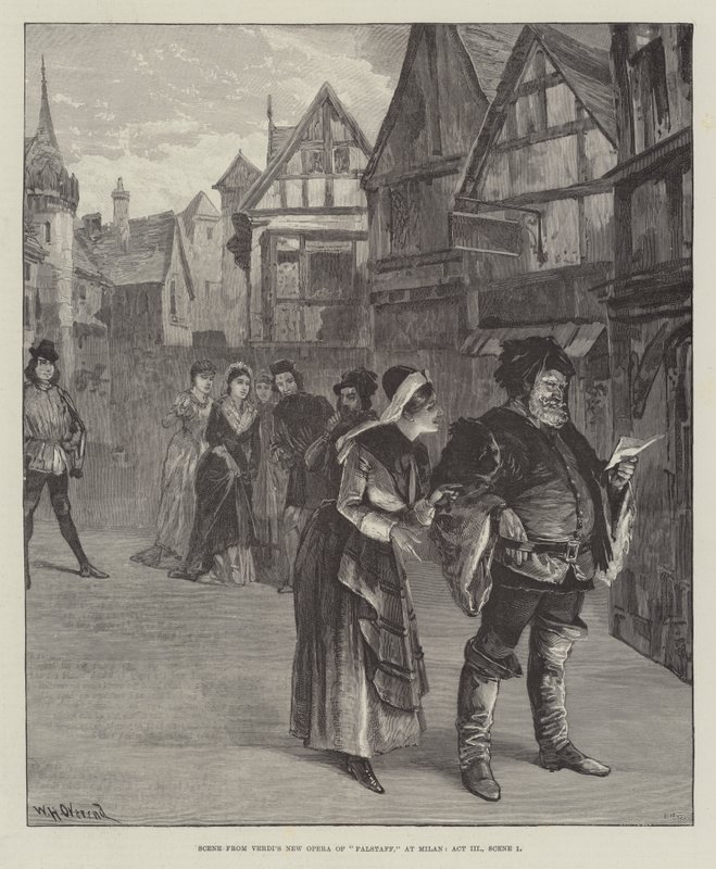Szene aus Verdis neuer Oper Falstaff, in Mailand, Akt III, Szene 1 von William Heysham Overend