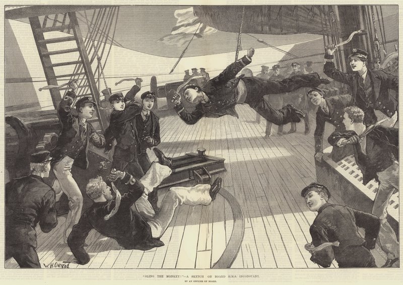 Schleudere den Affen! Eine Skizze an Bord der HMS Inconstant von William Heysham Overend