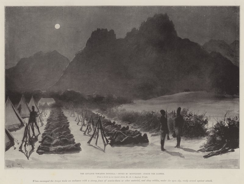 Der Vormarsch auf Dongola, Sonki im Mondlicht, innerhalb der Zareba von William Heysham Overend