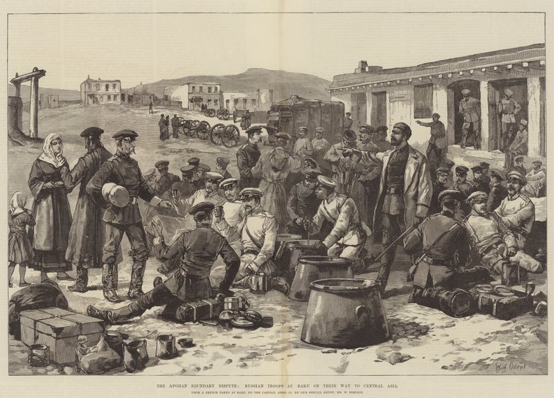 Der afghanische Grenzstreit, russische Truppen in Baku auf dem Weg nach Zentralasien von William Heysham Overend