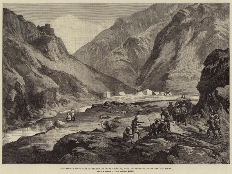 Der Afghanische Krieg, Pass von Ali Musjid im Khyber, mit der Vorhut der 14. Sikhs von William Heysham Overend