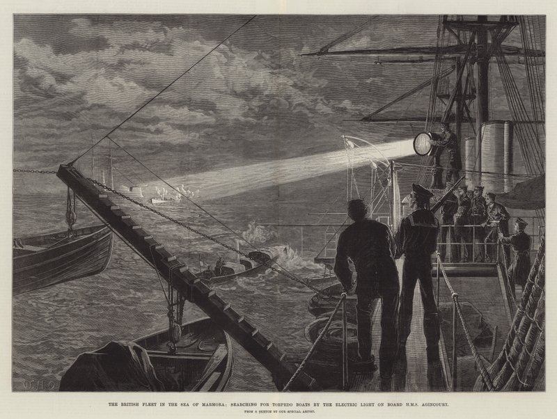 Die britische Flotte im Marmarameer, auf der Suche nach Torpedobooten mit dem elektrischen Licht an Bord der HMS Agincourt von William Heysham Overend