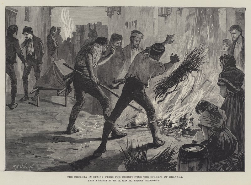 Die Cholera in Spanien, Feuer zur Desinfektion der Straßen von Granada von William Heysham Overend