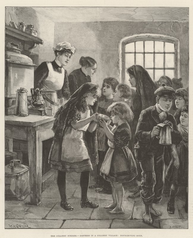 Die Streiks in den Kohlebergwerken, Not in einem Bergbaudorf, Suppenverteilung von William Heysham Overend