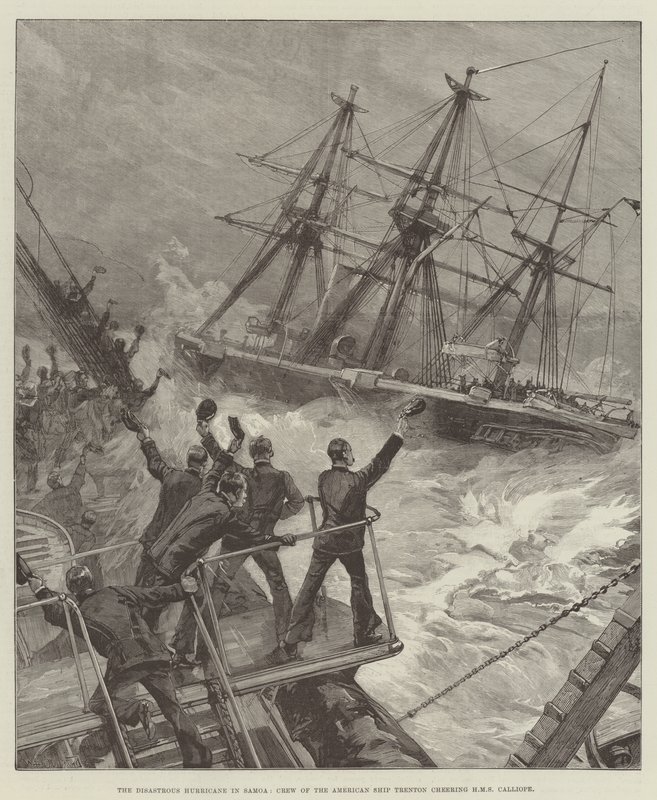 Der katastrophale Hurrikan in Samoa, Besatzung des amerikanischen Schiffes Trenton jubelt der HMS Calliope zu von William Heysham Overend
