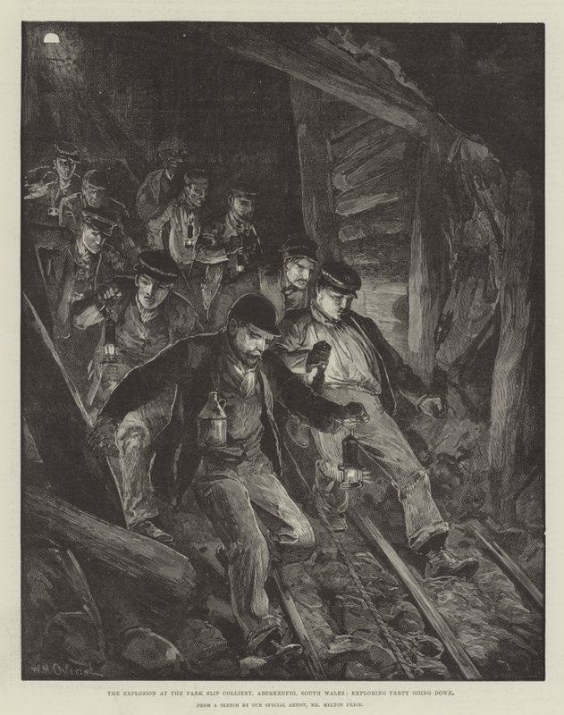 Die Explosion im Park Slip Colliery, Aberkenfig, Südwales, Erkundungstrupp geht hinunter von William Heysham Overend