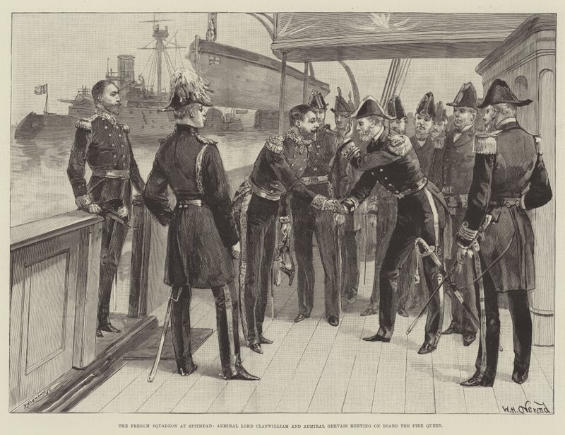 Das französische Geschwader in Spithead, Admiral Lord Clanwilliam und Admiral Gervais treffen sich an Bord der Fire Queen von William Heysham Overend