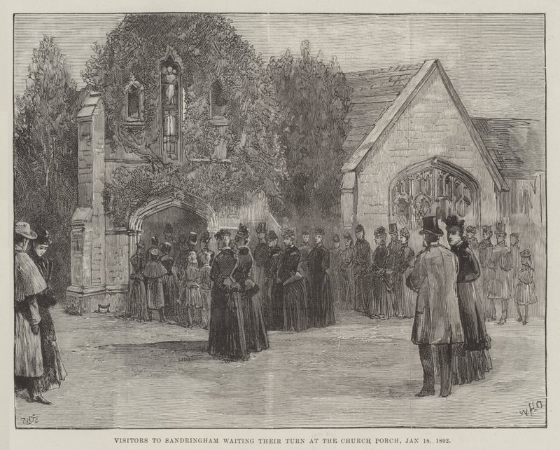 Die Beerdigung des verstorbenen Herzogs von Clarence und Avondale, Besucher in Sandringham warten auf ihren Einlass an der Kirchentür, 18. Januar 1892 von William Heysham Overend