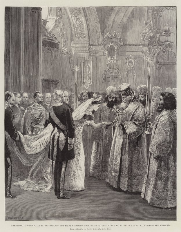 Die kaiserliche Hochzeit in St. Petersburg, die Braut empfängt Weihwasser in der Kirche St. Peter und Paul vor der Hochzeit von William Heysham Overend