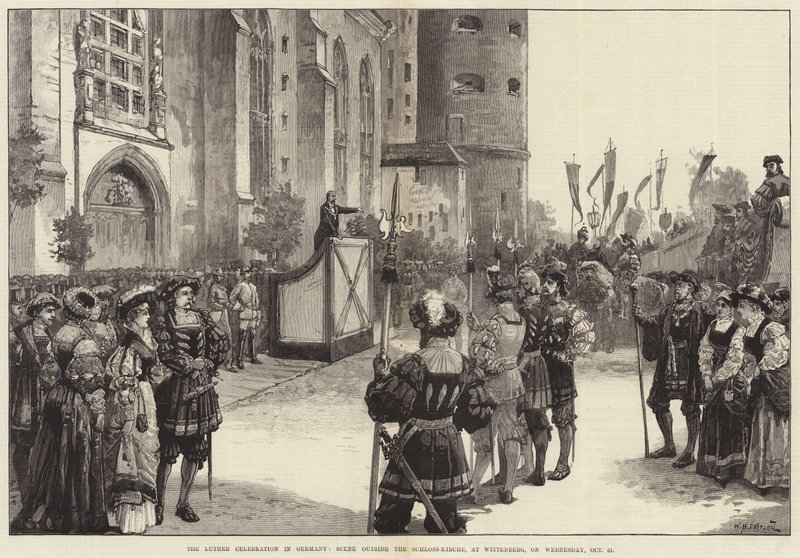 Die Lutherfeier in Deutschland, Szene vor der Schlosskirche in Wittenberg, am Mittwoch, 31. Oktober von William Heysham Overend