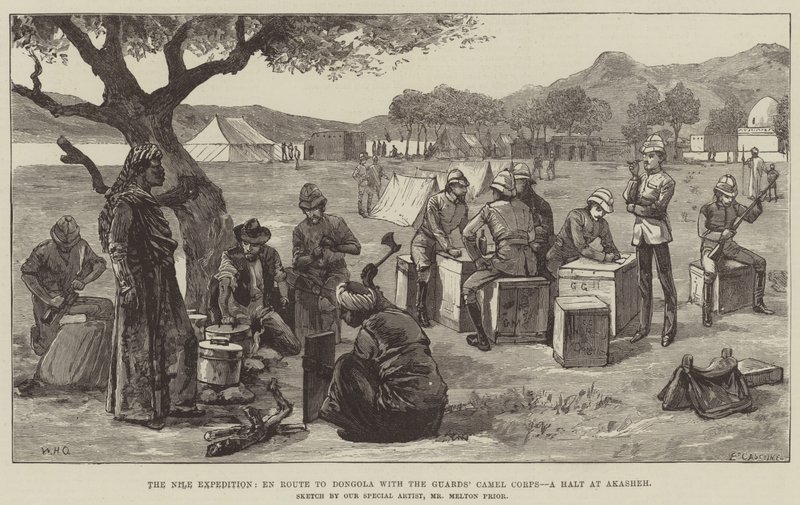 Die Nil-Expedition, auf dem Weg nach Dongola mit dem Kamelkorps der Wachen, ein Halt in Akasheh von William Heysham Overend