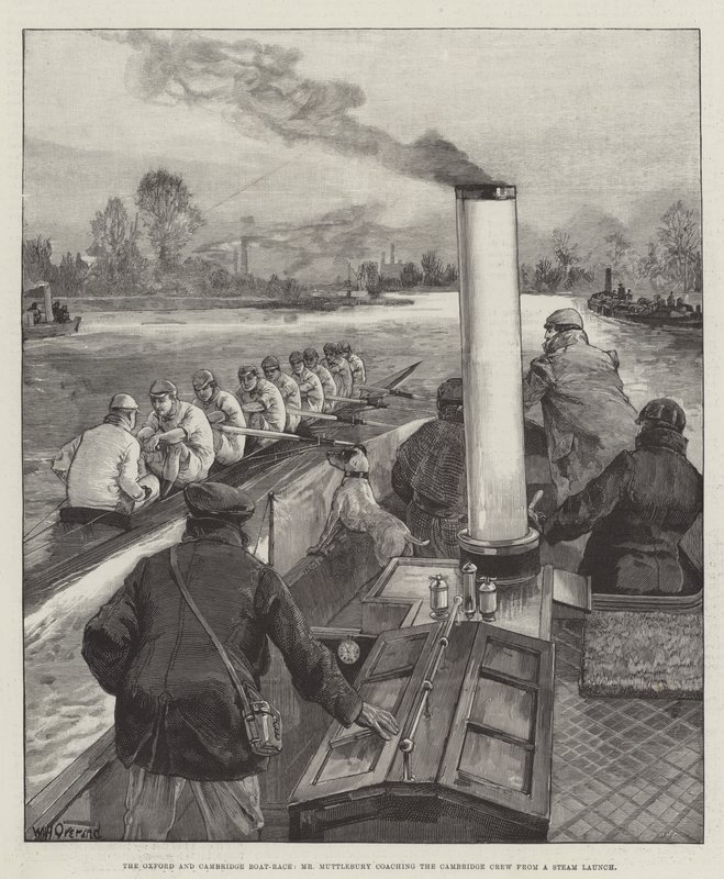 Das Oxford und Cambridge Bootsrennen, Mr. Muttlebury coacht die Cambridge Crew von einem Dampfschiff aus von William Heysham Overend