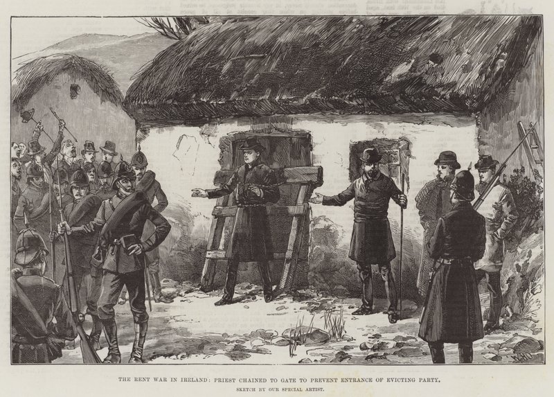 Der Mietkrieg in Irland, Priester an Tor gekettet, um den Eintritt der Räumungstruppe zu verhindern von William Heysham Overend