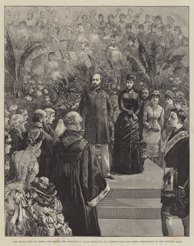 Der königliche Besuch in Leeds, der Prinz und die Prinzessin von Wales erhalten eine Ansprache der Leeds Corporation in der Victoria Hall von William Heysham Overend