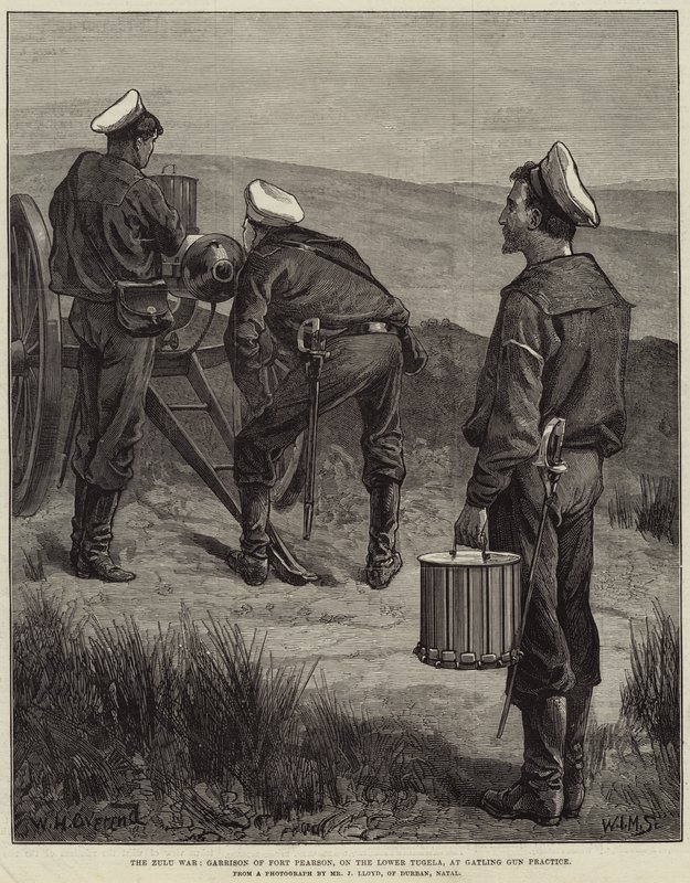 Der Zulukrieg, Garnison von Fort Pearson, am unteren Tugela, beim Gatling-Geschütz-Üben von William Heysham Overend