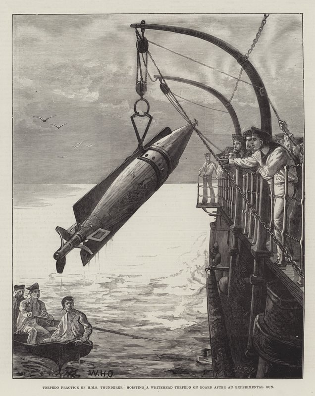 Torpedoübung der HMS Thunderer, ein Whitehead-Torpedo wird nach einem Testlauf an Bord gehoben von William Heysham Overend