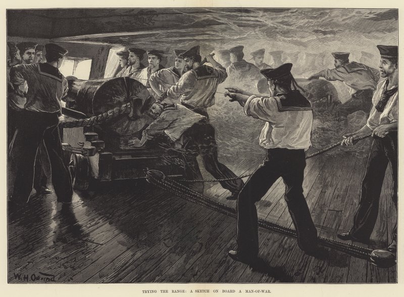 Reichweitenversuch, eine Skizze an Bord eines Kriegsschiffs von William Heysham Overend
