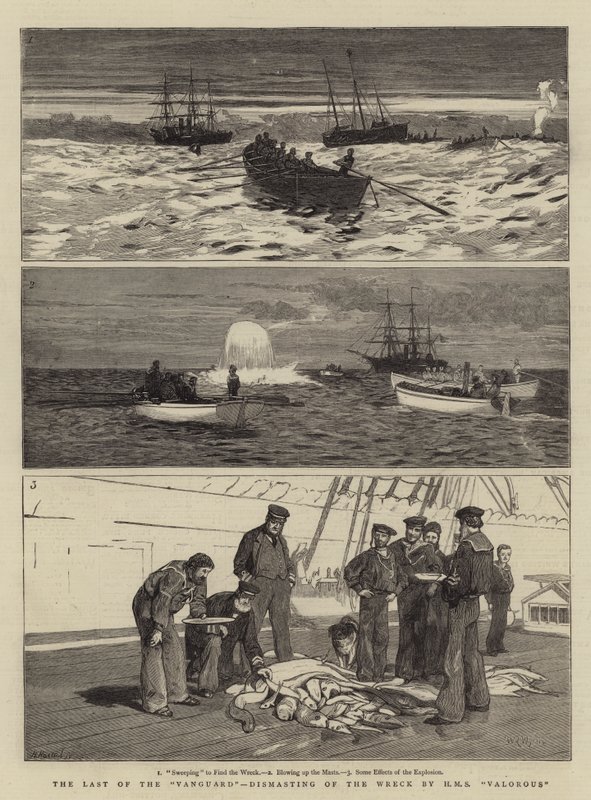 Der Letzte der Vorhut, Demastierung des Wracks durch die HMS Valorous von William Lionel Wyllie