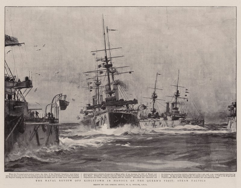 Die Marineparade vor Kingstown zu Ehren des Besuchs der Königin, Dampftaktiken von William Lionel Wyllie