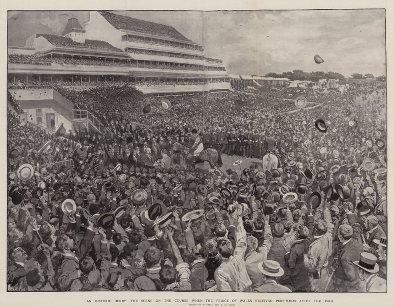 Ein historisches Derby, die Szene auf der Rennbahn, als der Prinz von Wales Persimmon nach dem Rennen empfing von William Small