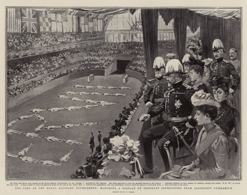 Der König beim Royal Military Tournament, beobachtet eine Vorführung von Sergeant-Instruktoren aus dem Aldershot Gymnasium von William T. Maud