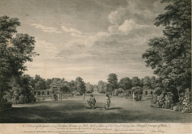 Ein Blick auf den Garten des Carlton House in Pall Mall, ein Palast Ihrer Königlichen Hoheit der Prinzessin Witwe von Wales von William Woollett