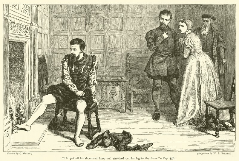 Er zog seine Schuhe und Strümpfe aus und streckte sein Bein zur Flamme von after Charles Green