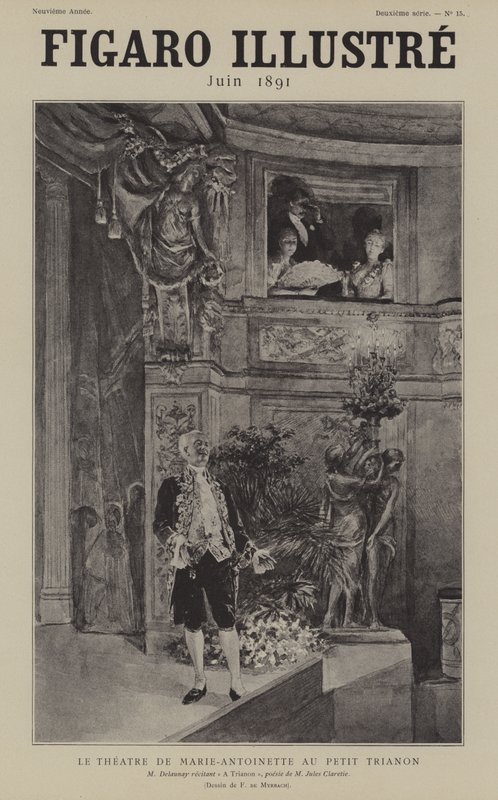 Der französische Schauspieler Louis Arsène Delaunay rezitiert Jules Clareties Gedicht A Trianon im Theater von Marie Antoinette im Petit Trianon, Versailles von after Felicien baron de Myrbach Rheinfeld