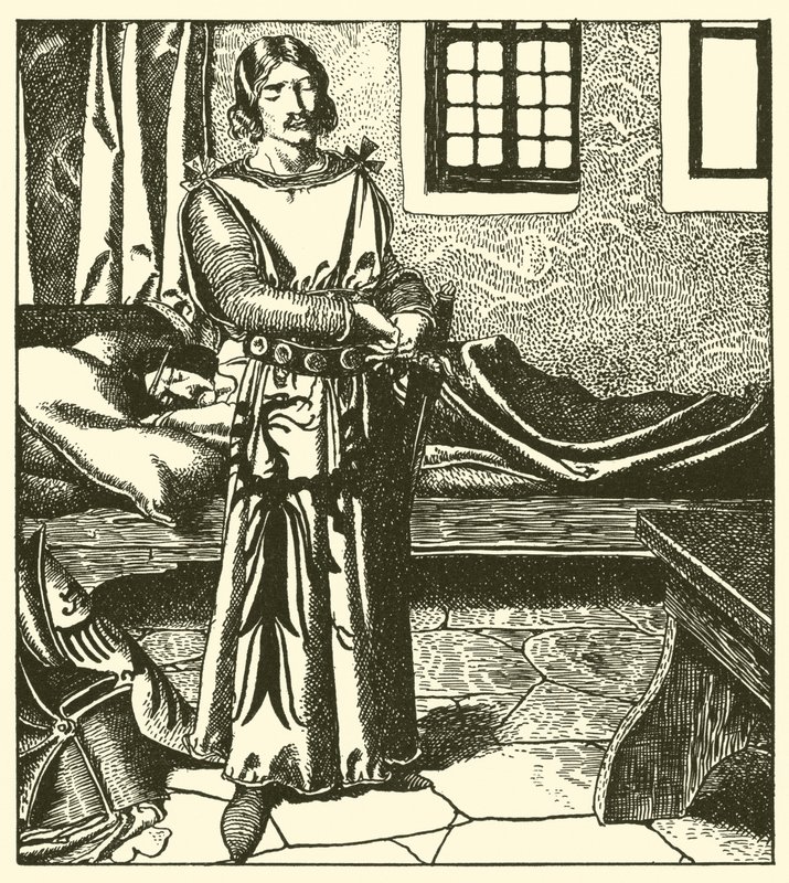 Sir Launcelot nimmt die Rüstung von Sir Kay von after Howard Pyle