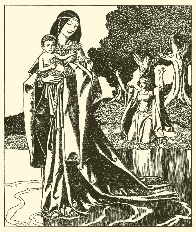 Die Dame Nymue trägt Launcelot in den See von after Howard Pyle