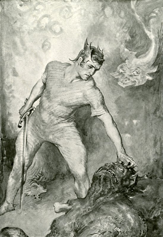 Beowulf schlägt Grendel den Kopf ab von after John Henry Frederick Bacon