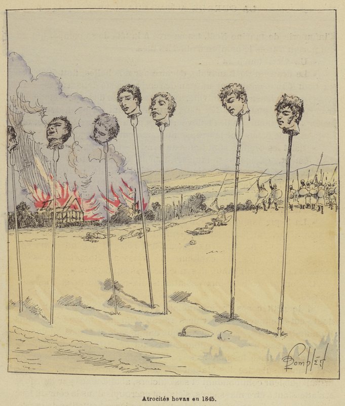 Gräueltaten der Hovas im Jahr 1845 von after Louis Charles Bombled