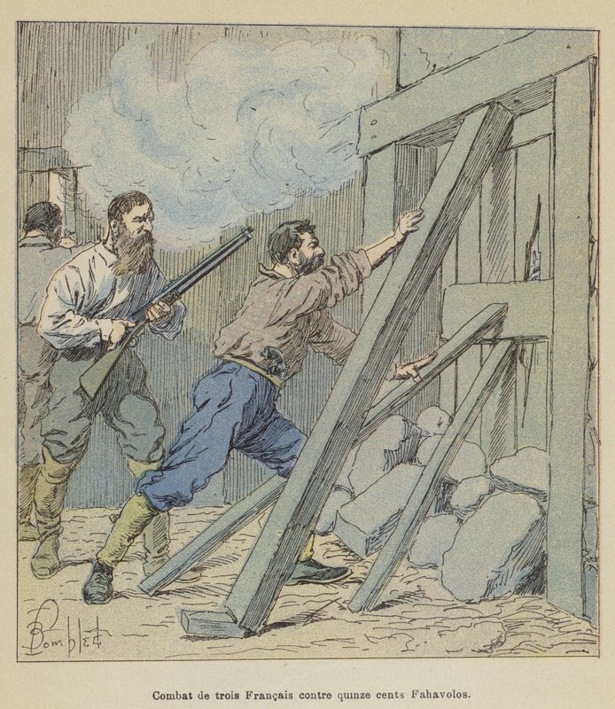 Kampf von drei Franzosen gegen fünfzehnhundert Fahavolos von after Louis Charles Bombled
