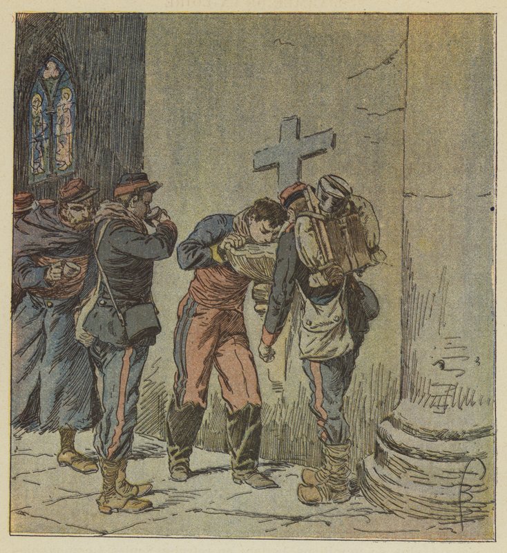 In der Kirche von Villiers teilen sich die durstenden französischen Gefangenen das Wasser eines Weihbeckens von after Louis Charles Bombled
