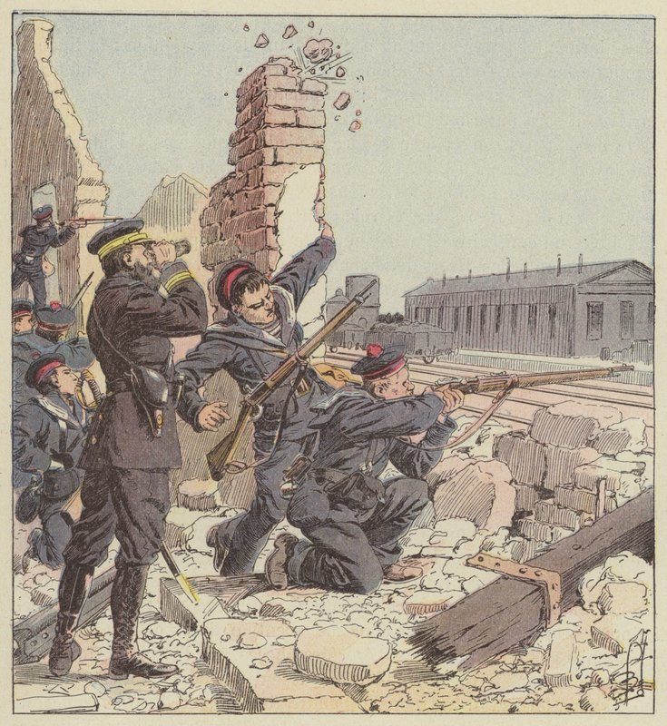 Verteidigung des Bahnhofs von Tien-Tsin durch Marineinfanteristen von after Louis Charles Bombled