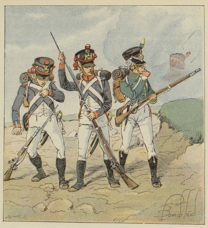 Junge Garde, 1806, Rekrut-Grenadier, Scharfschützen-Grenadier, Flankeur-Jäger von after Louis Charles Bombled