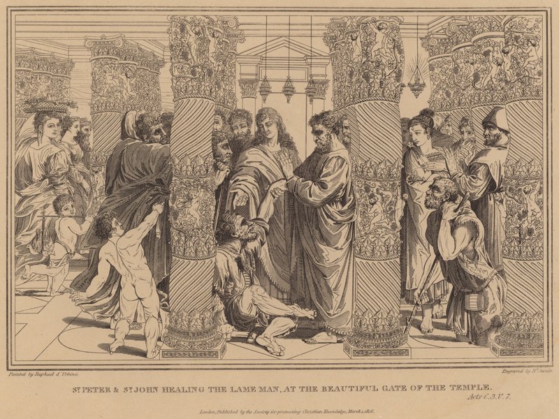 St. Petrus und St. Johannes heilen den Lahmen am Schönen Tor des Tempels, Apostelgeschichte von after Raphael