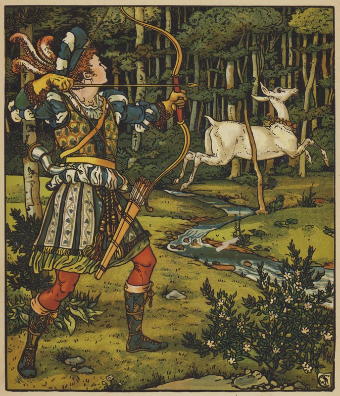 Prinz Guerrier verfolgt die Hirschkuh im Wald von after Walter Crane