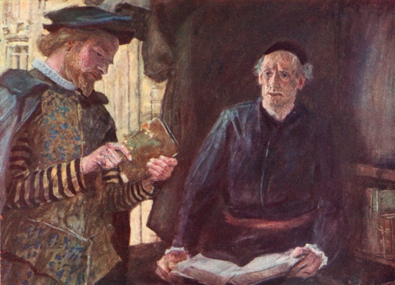 Shakespeare kauft ein Buch an einem Buchstand im Kirchhof von St. Pauls, London von after William Hatherell