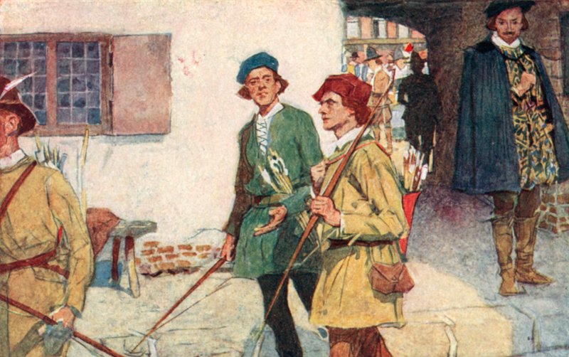 Shakespeare sieht eine Gruppe von Lehrlingen mit ihren Bögen und Pfeilen auf dem Weg zum Bogenschießplatz in Moorfields, London von after William Hatherell